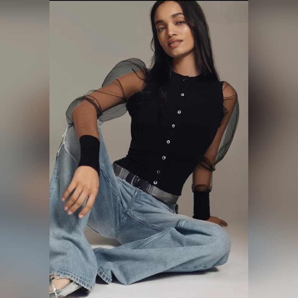 NWT Zara Black Sheer Sleeve Button-down Top